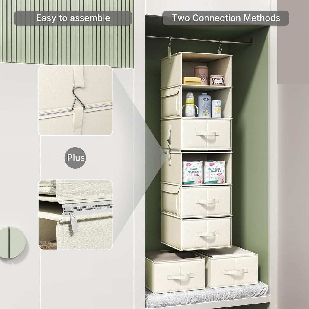 Vailando 6-Shelf Closet Organizer - Versatile Hanging Storage with 3 Drawers | Beige Wardrobe Solution