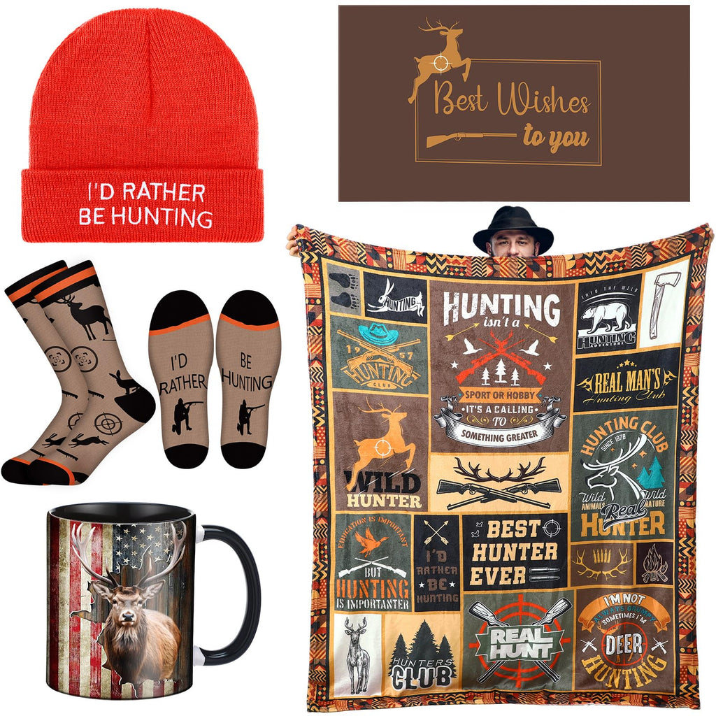Cotwinter 5 Pcs Deer Hunting Gifts for Hunters Men Dad Papa Grandpa Husband Boyfriend, Funny Hats Socks Throw Blankets and Ceramic Coffee Mugs 11 oz with Gift Box for Fathers Day Christmas Birthday