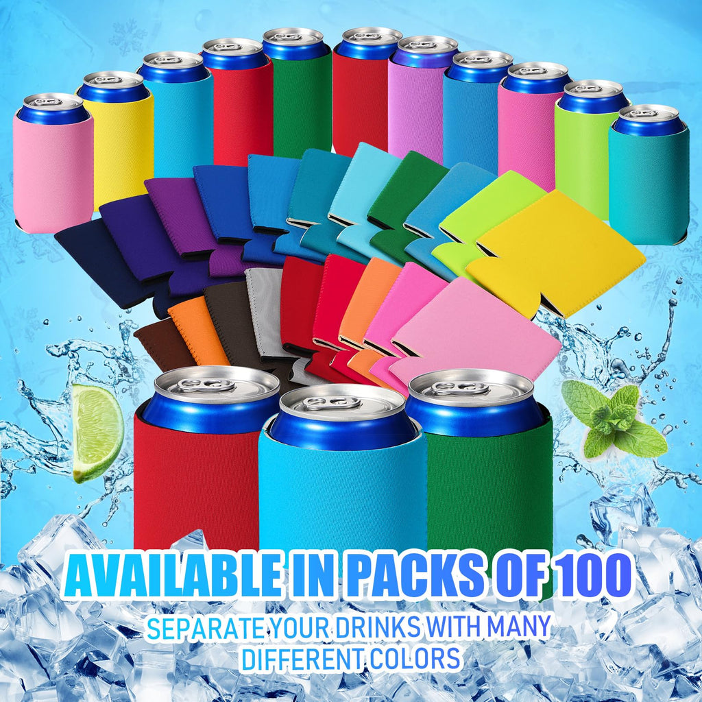 100 Pack Blank Can Cooler Sleeves Neoprene Insulated Beer Sleeves for Can Cooler Sleeves Sublimation Sleeves for Soda Drink Water Bottle Birthdays Weddings Bachelorette Party (Vivid Colors)