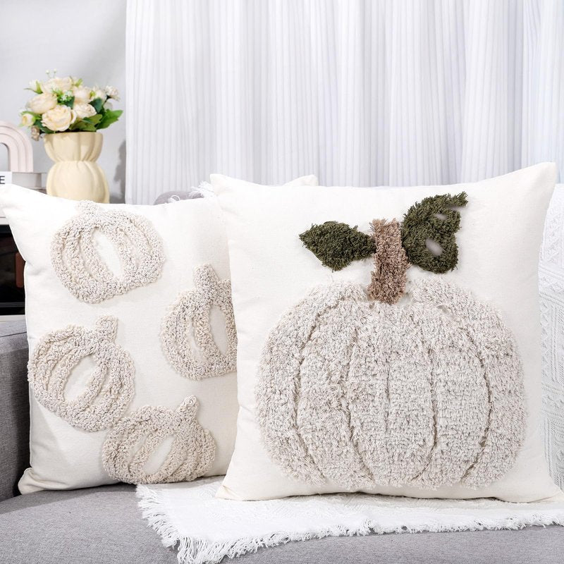 2 PCS Pumpkin Pillow Covers Fall Pillow Covers Autumn Halloween Thanksgiving 18x18 Inch Square Beige White Linen Embroidered Throw Pillow Cases Soft Decor for Sofa Bed Couch Living Room Farmhouse Home