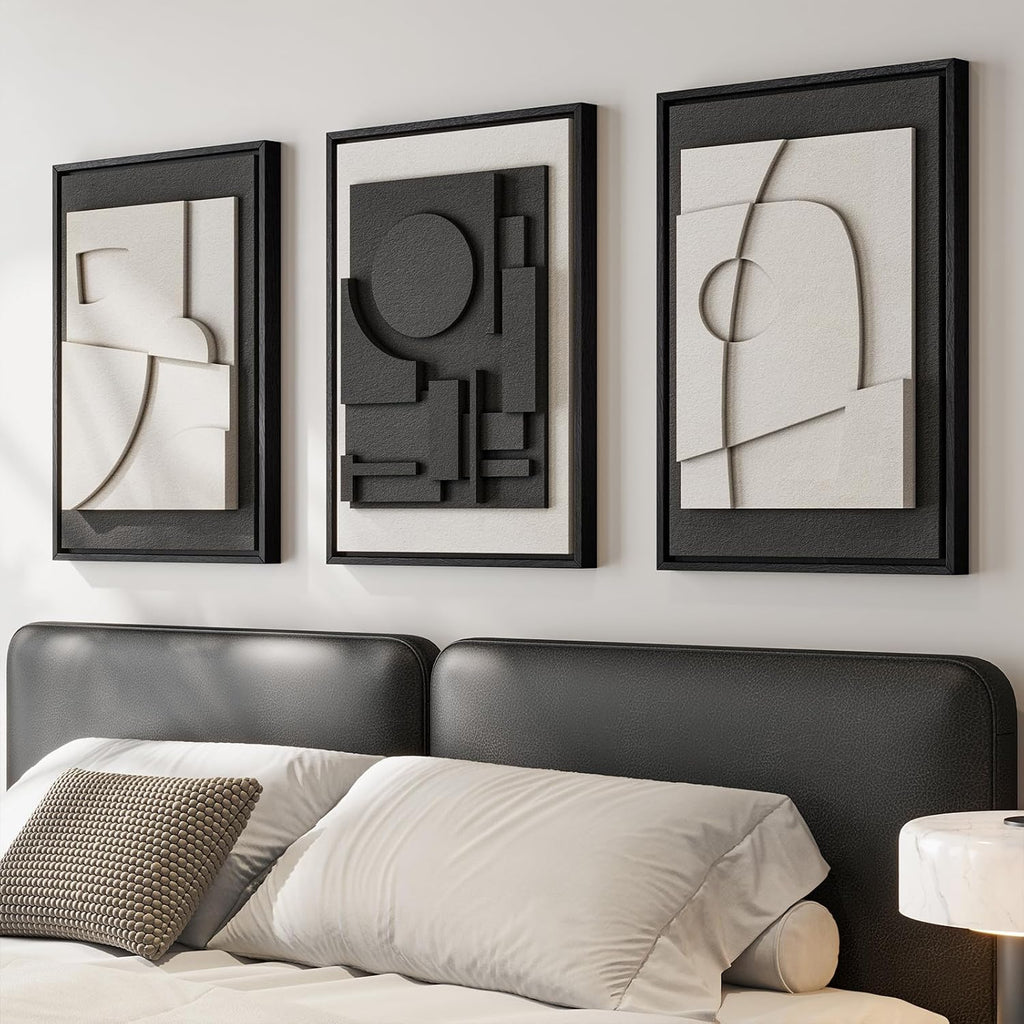 Skiennix 3D Textured Black and White Abstract Wall Art - Modern Minimalist Paintings for Bedroom | 16x24 In, 3 Piece Set