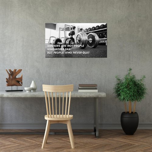 SkenoArt Gym Motivational Wall Art Winners are Those Who Never Quit Wall Decor Black and White Dumbbell Canvas Wall Art Fitness Posters for Home Gym Living Room Framed Stretched Ready To Hang 20"x36"