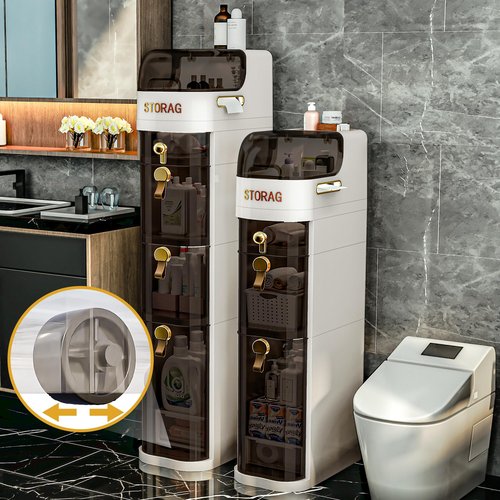 IYINIYI 4-Tiers Slim Bathroom Storage Cabinet, Plastic Narrow Rolling Bathroom Floor Organizer with Drawers & Tissue Box for Small Spaces Laundry Kitchen Living Room, Waterproof & No Installation