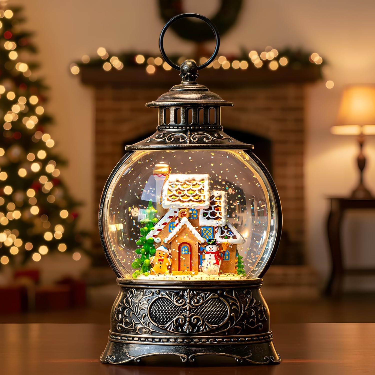 Regine Switzerland Christmas Snow Globe - Gingerbread Man & Snowman Water Lantern with Music & Timer | USB/Battery Operated for Festive Decor