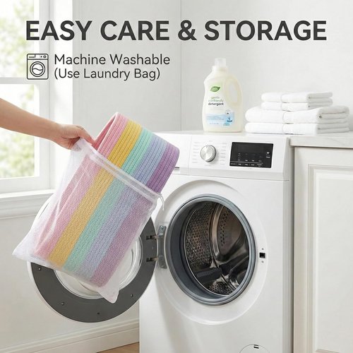JMvicyroam 65L Extra Large Blanket Basket - Woven Cotton Rope Laundry Hamper with Handles | Machine Washable Rainbow Storage Bin for Pillows & Toys