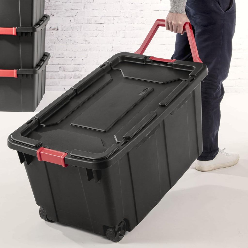 YHNNH Industrial Storage Tote - Heavy Duty 40 Gallon Container with Wheels | Black, Set of 2, 36.75x21.38x18 Inch
