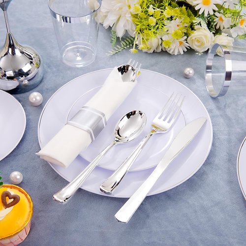 KIRE 350 PCS Plastic Dinnerware Set for 50 Guests, Silver Plastic Plates Include 50 Dinner, 50 Dessert Plates, 50 Pre Rolled Napkins with Silverware, 50 Cups for Wedding, Party, Banqet, Christmas