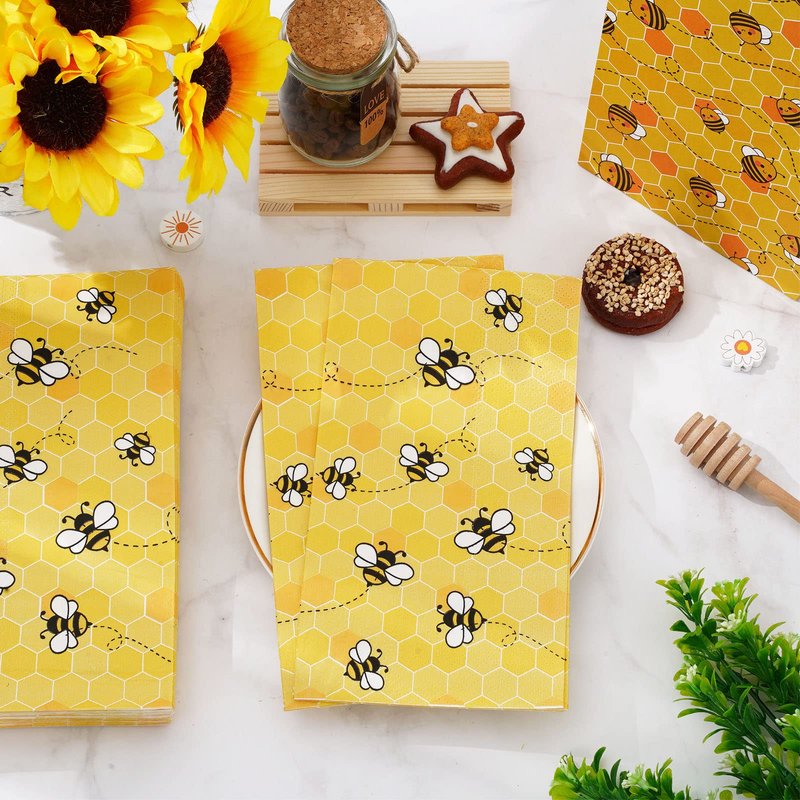 Whaline Bee Guest Napkins 3 Ply Disposable Paper Pack Yellow Honeycomb Dinner Hand Napkin Towel for Happy Bee Day Summer Spring Wedding Birthday Party Table Decorations, 80Pcs
