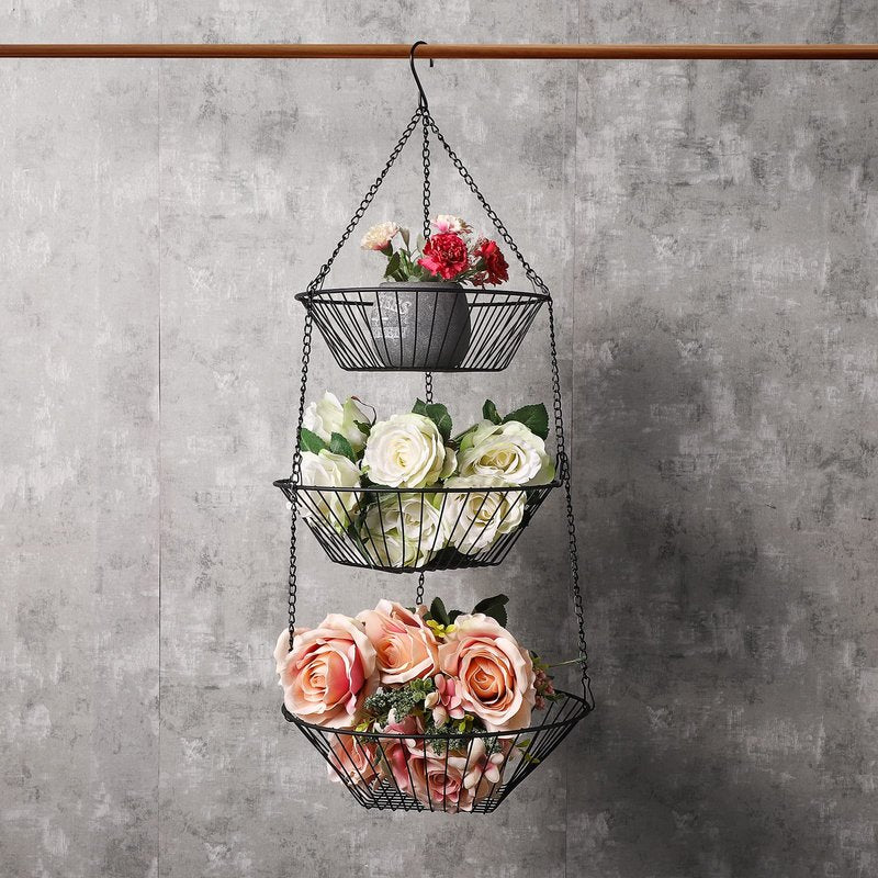 JUNCHU CHERRY 3-Tier Wire Fruit Hanging Basket 2 Packs,non-Punching Wall Hanging Storage,Kitchen Bathroom Organization Basket,Suitable for Bathroom,Kitchen,Closet,Garden,Black