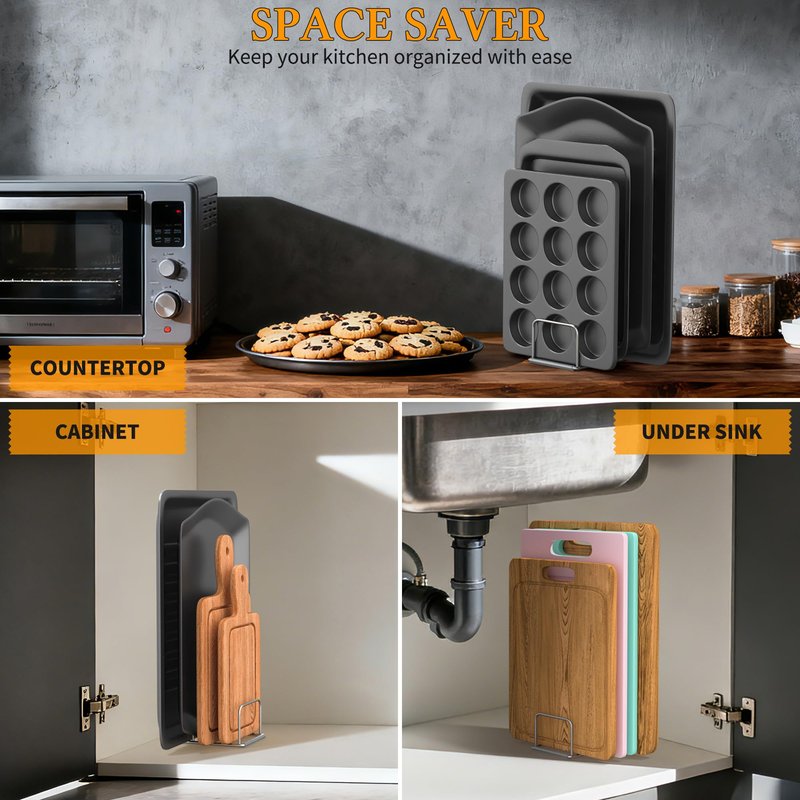 2-Pack Cutting Board Organizer, Cutting Board Holder Stand, Stainless Steel Baking Sheet Holder, Cutting Board Storage Rack with 4 slots for Baking Sheet and Cookie Sheet,1.0+1.2 Inch Width Slots
