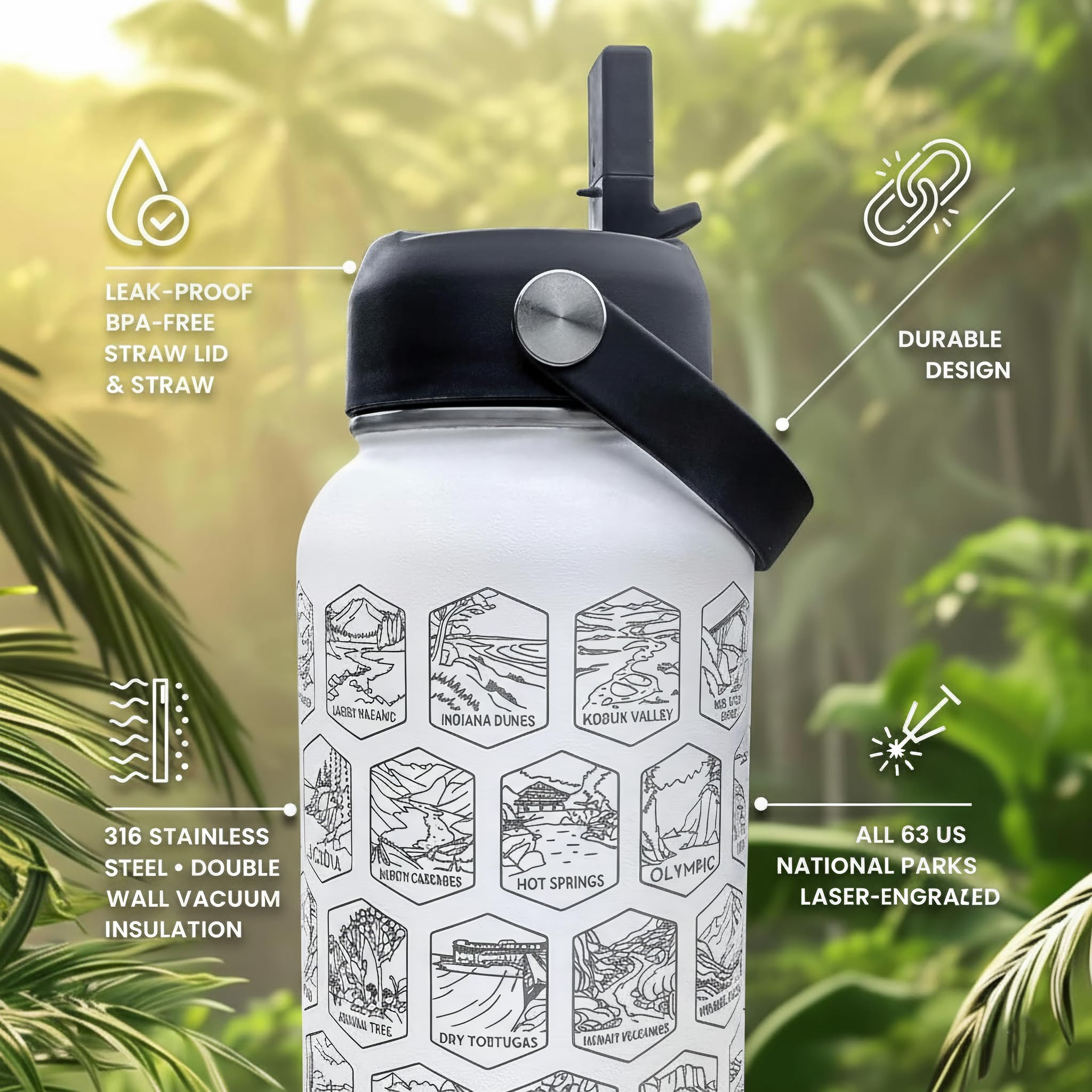 National Parks Water Bottle With Stickers - 32oz 316 Stainless Steel, Double-wall Vacuum Insulation, Leakproof Bpa-free Straw Lid, Laser Engraved Bottle+63 Waterproof Stickers, Everyday, Outdoor Use.