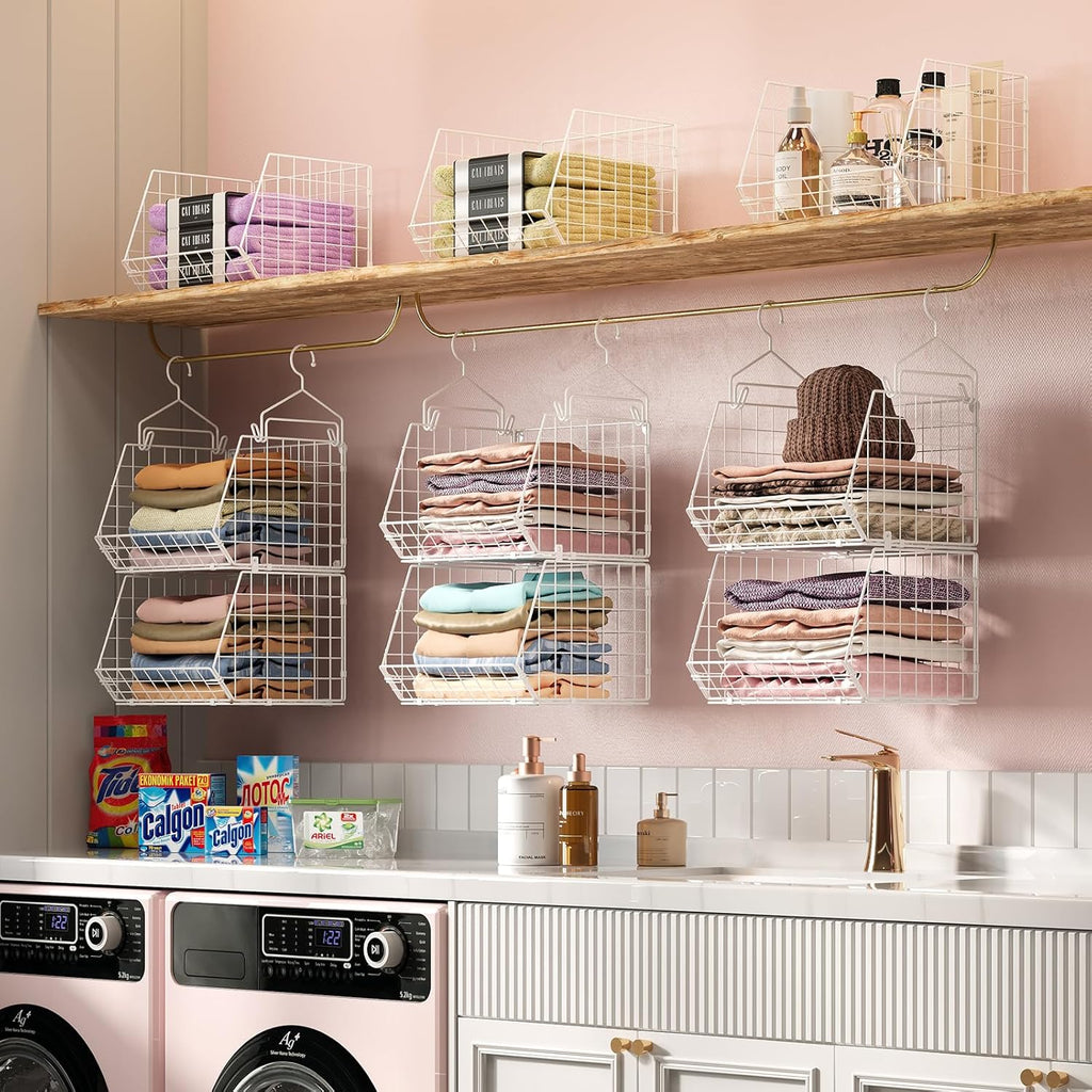 X-cosrack 6-Tier Closet Hanging Organizer - Versatile Clothes Shelves with Hooks & Baskets for Shoes, Handbags, Accessories