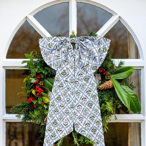 HunnmingRe Christmas Wreath Sash - 2 Pcs Blue Block Print Bow | 24 x 16 Inch Floral Burlap Decor