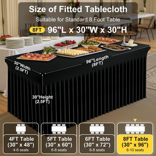 Smiry Spandex Tablecloth, Elastic Fitted Stretch Tablecloth for 8FT Rectangle Tables, Waterproof Washable Table Cover Skirt for Outdoor, Wedding, Banquet & Parties (Black, 96Lx30Wx30H Inch)