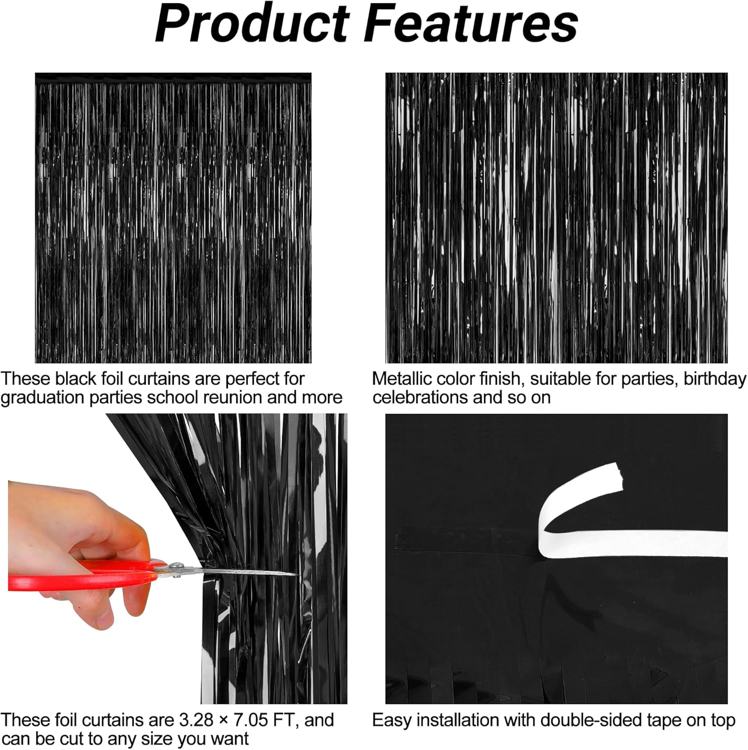 Regine Switzerland Graduation Party Decorations - 2 Pack Black Backdrop with Metallic Fringe | 3.28 FT x 7.05 FT