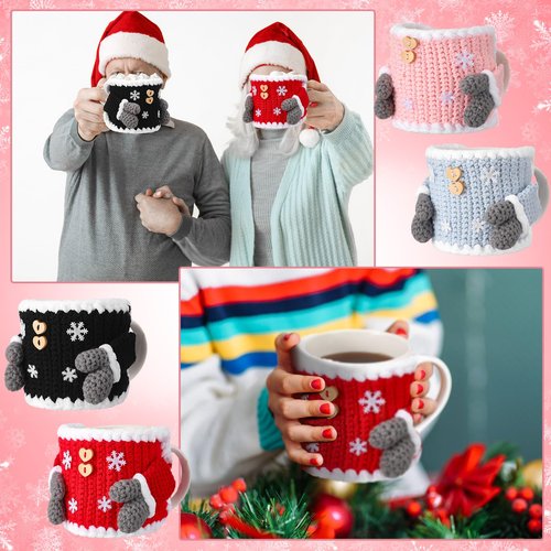 Perthlin 4 Pcs Sweater Mug Christmas Cozy Gift Winter Coffee Mug Knitted Cup Sweater Sleeve Cover Reusable Crochet Tea Warmer Wrap with Buttons Christmas Decoration for Coffee Drinkers