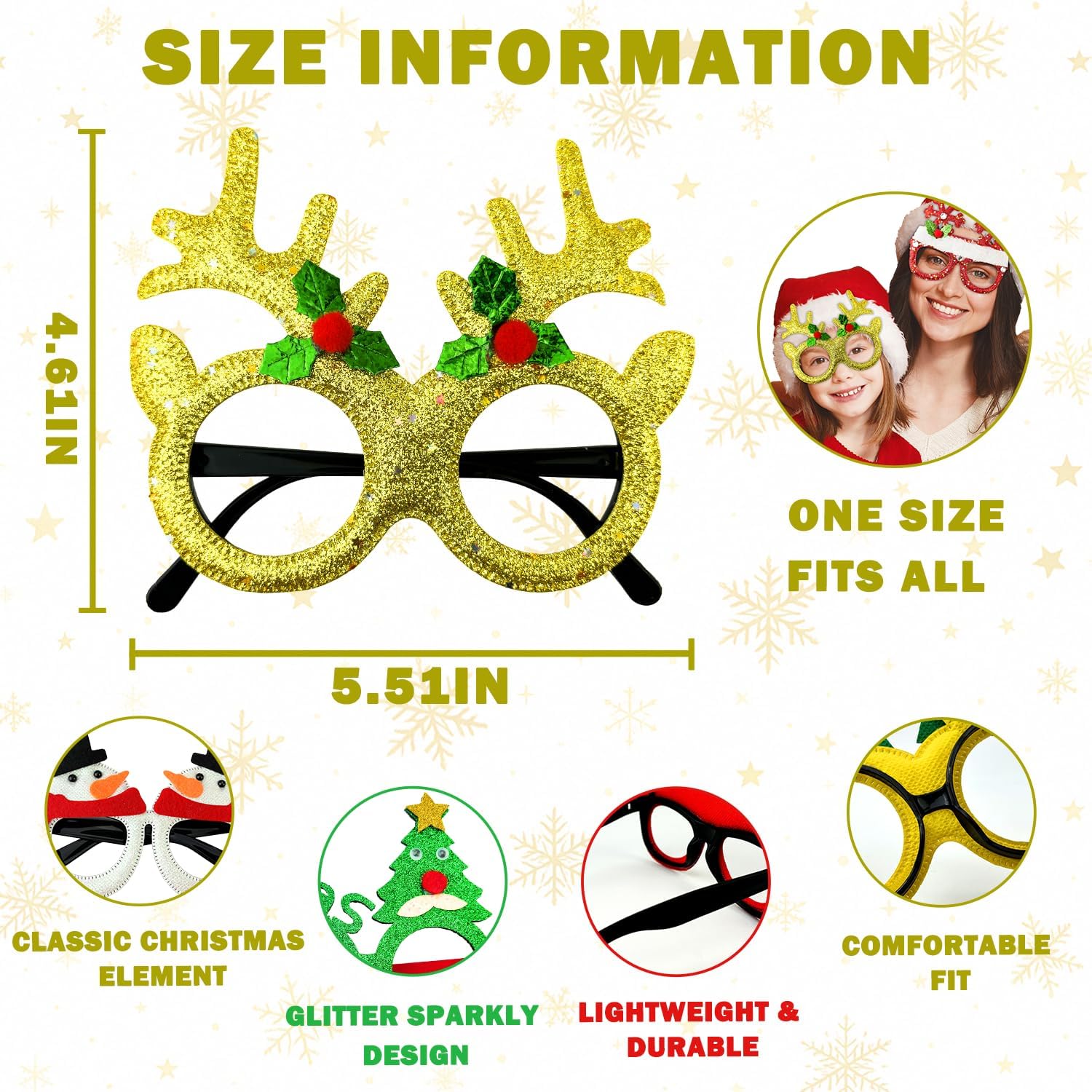 Skiennix Christmas Glasses & Headband Set - 12 Pack Glitter Eyewear & Holiday Accessories | One Size Fits All