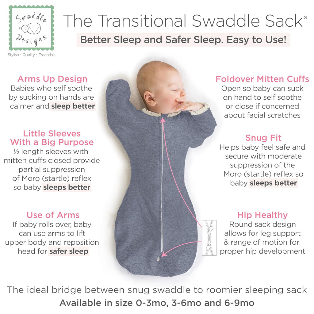 SwaddleDesigns Transitional Swaddle Sack - Arms Up Half-Length Sleeves & Mitten Cuffs | Medium 3-6 Months, Heathered Denim