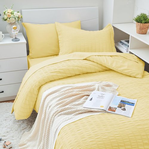 HYMOKEGE Twin XL Comforter Set - 5-Piece Seersucker Luxury Bedding Set for All Seasons | Yellow