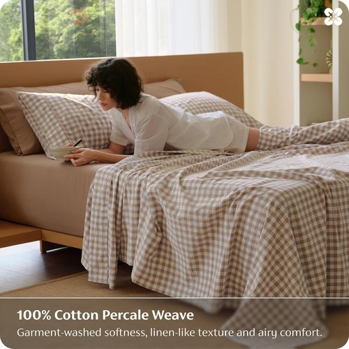 Bedsure 100% Washed Cotton Percale Sheets - Soft Gingham Queen Set with 18" Deep Pockets, Breathable Comfort