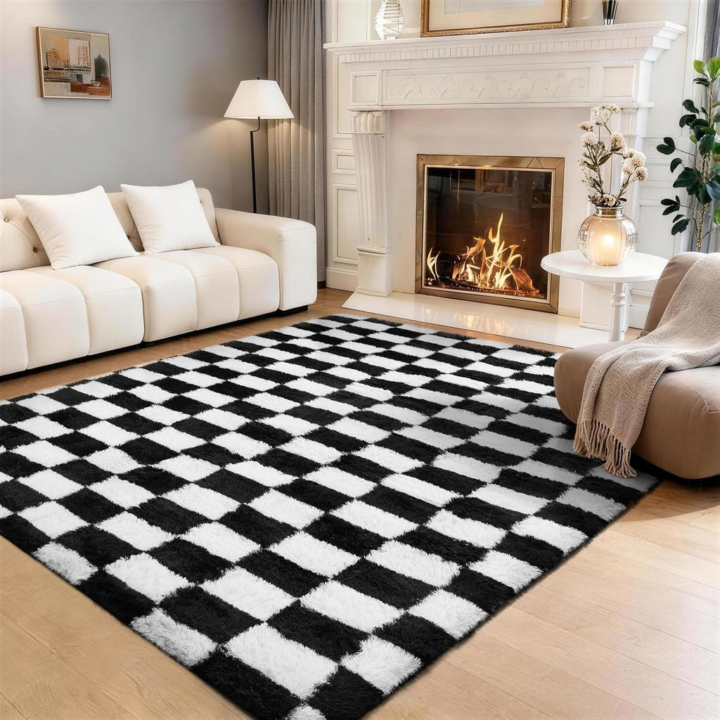 Ophanie Checkered Black & White Area Rug - Soft Fluffy Shag Carpet for Living Room & Bedroom | 4x6 Furry Design