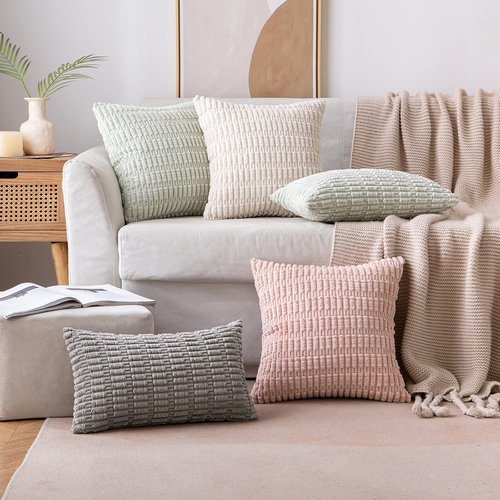 MIULEE Corduroy Throw Pillow Covers - Soft Boho Striped Design | 12x12 Inch Cream White Set of 2 for Modern Home Decor