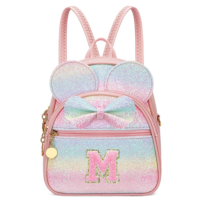 KKXIU Initial Bowknot Mini Backpacks for Girls Women, Small Cute Backpack Purse, Personalized Birthday Gifts for Toddler, Kids and Teen Girls(M, Rainbow)