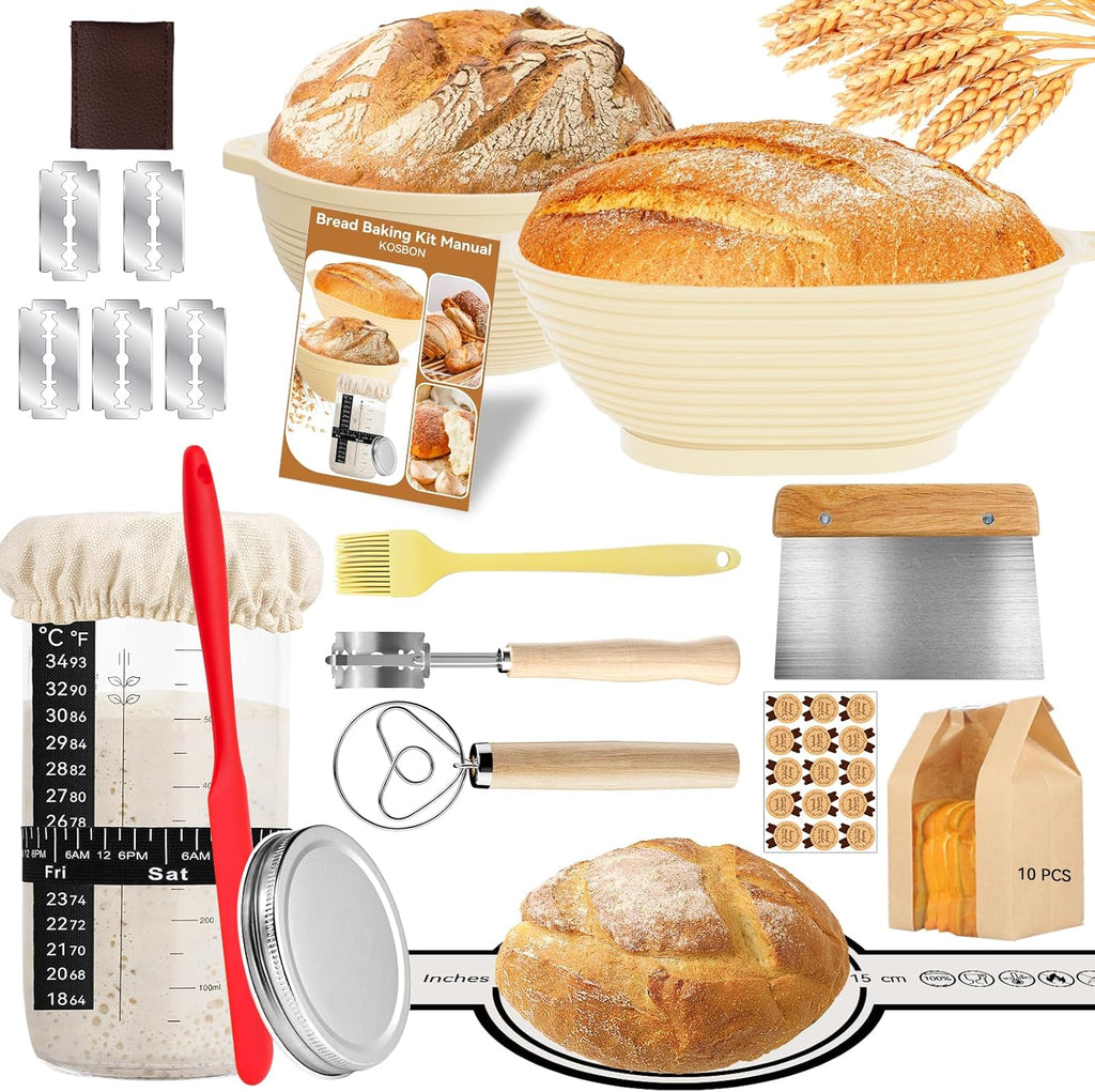 Skiennix 24 PCS Sourdough Starter Kit - Includes 34oz Starter Jar & Silicone Banneton Proofing Baskets