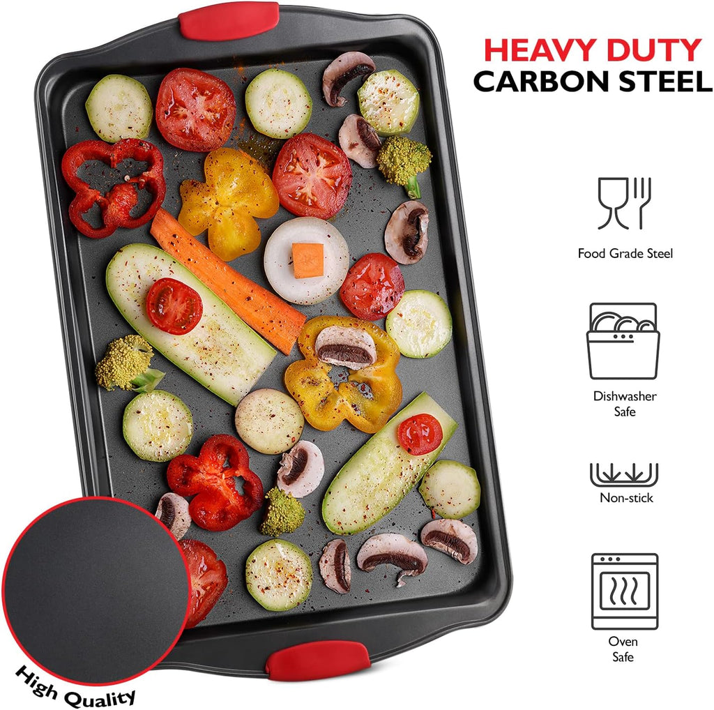 Steel Baking Sheet Set by [Brand Name] - 3-Piece Nonstick Cookie Sheets with Silicone Handles | BPA-Free, Durable Oven Pans - Black