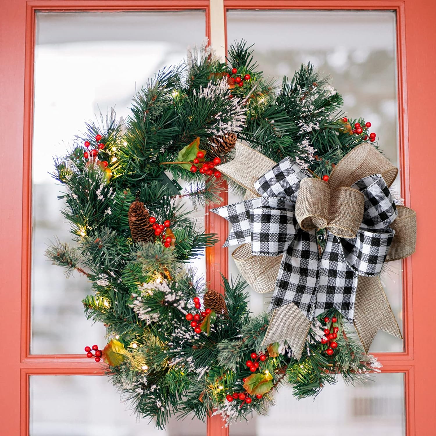 SIMISI RIBBON Christmas Buffalo Plaid Bow - Black & White Burlap Wreath Decor (9.5 x 13 Inch)