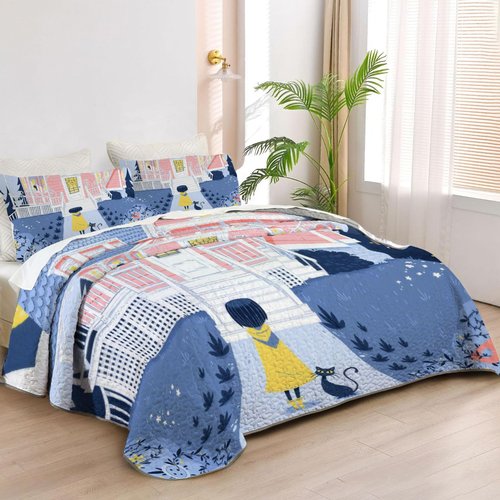 Allenjoy King Size Mysterious Girl Quilt Bedspreads Button Princess Bed Set Bedding Coverlet Fabric Washable with 2 Pillowcases SC00214-007