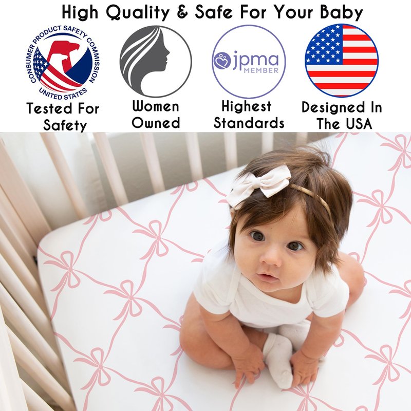 Sweet Jojo Designs Fitted Baby Satin Crib Sheets (Pink Bows) for Girls, Infant Nursery, Toddler Room - Standard Size (Blush and White Bow for The Ballerina, Ballet Dancer, Princess Collection)