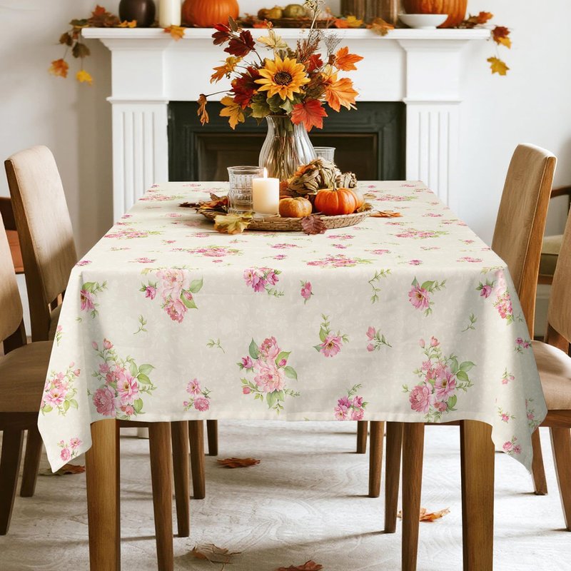 Arquiel Pink Floral Tablecloth Waterproof, Beige Table Cloth Rectangle Stain Resistant, Washable Table Cover for Home Kitchen Dining Party Decoration (60×84 inch)