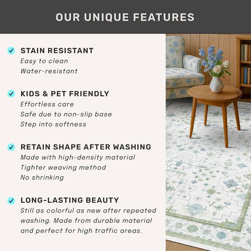 Hazo Haus Turkish 3x8 Wide Hallway Runner - Cream Green Oushak Boho Floral, Washable Non-Slip Rug