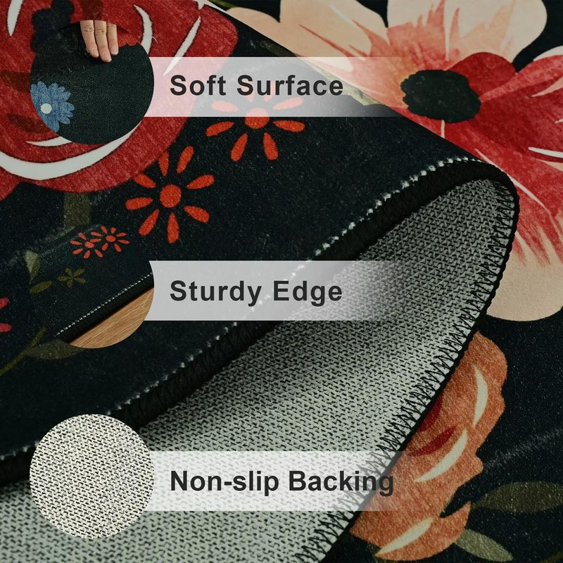 Vasofe 5x7 Rug for Bedroom,Washable Rugs for Living Room, Dining Room, Indoor Floor Mat, Floral Printed Mats for Nrusery, Farmhouse, Laundry Room,Non Slip Low Pile Soft Modern Carpet, Black