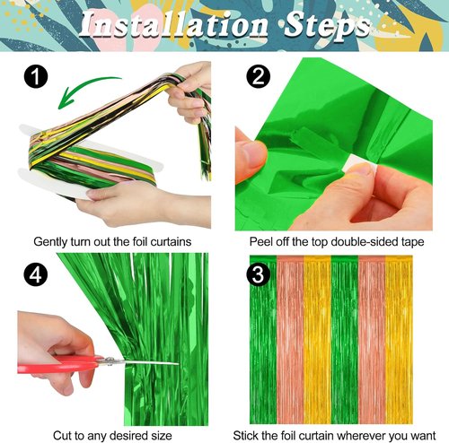Hawaiian Party Decorations by [Brand Name] - 12 Pack Luau Backdrop Fringe Curtains | 3.28 FT x 7.05 FT, Green, Brown, Yellow