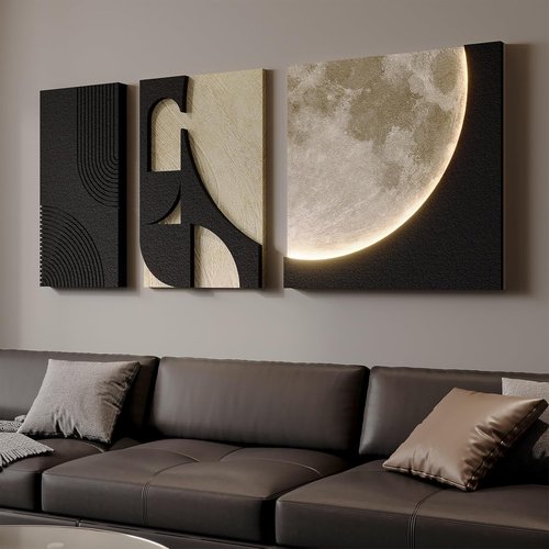 3D Textured Black and White Abstract Wall Art - LED Moon Design | 3-Piece Modern Paintings for Living Room, Hallway, Bedroom