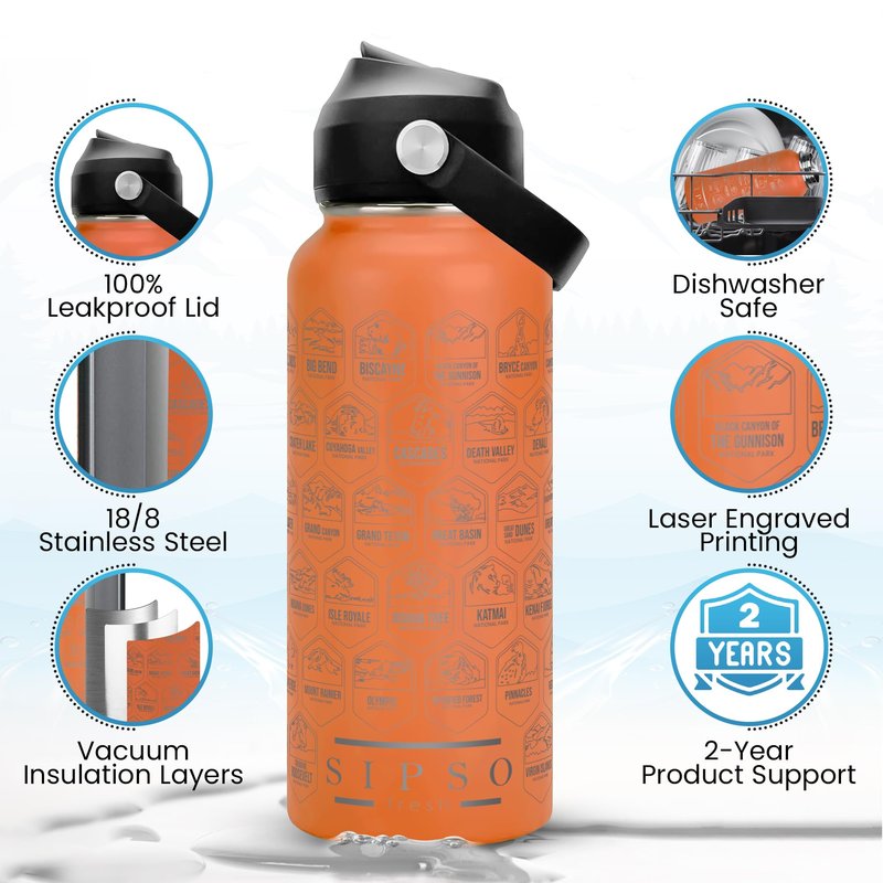 SIPSO fresh Hiking Gift Water Bottle – 32 oz Vacuum Insulated Stainless Steel National Park Water Bottle | 63 Waterproof Stickers & Premium Gift Box | Camping & Outdoor Adventure Gifts (Peach)