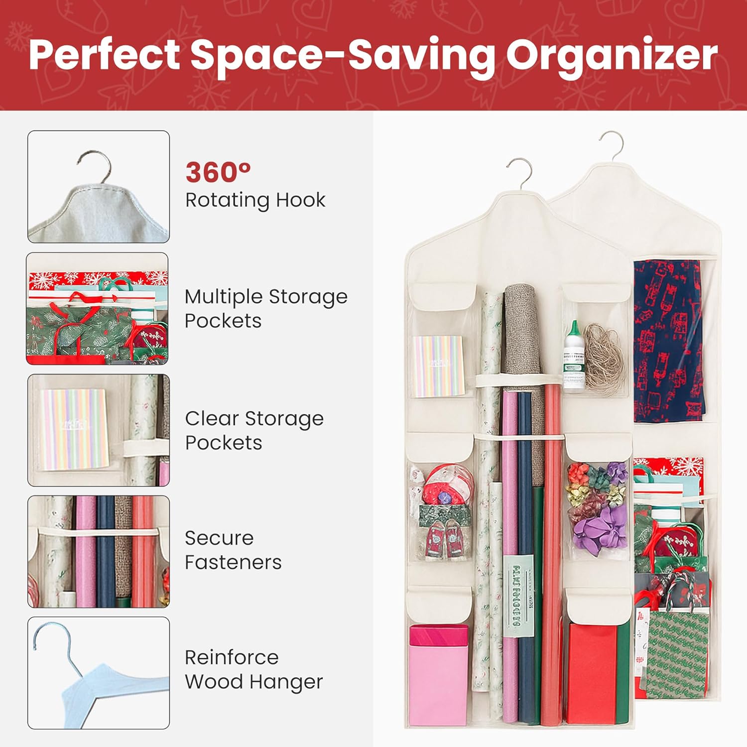 Wrapping Paper Organizer - Double-Sided Gift Wrap Holder with Wooden Hanger | Over the Door Storage for Christmas & Special Occasions