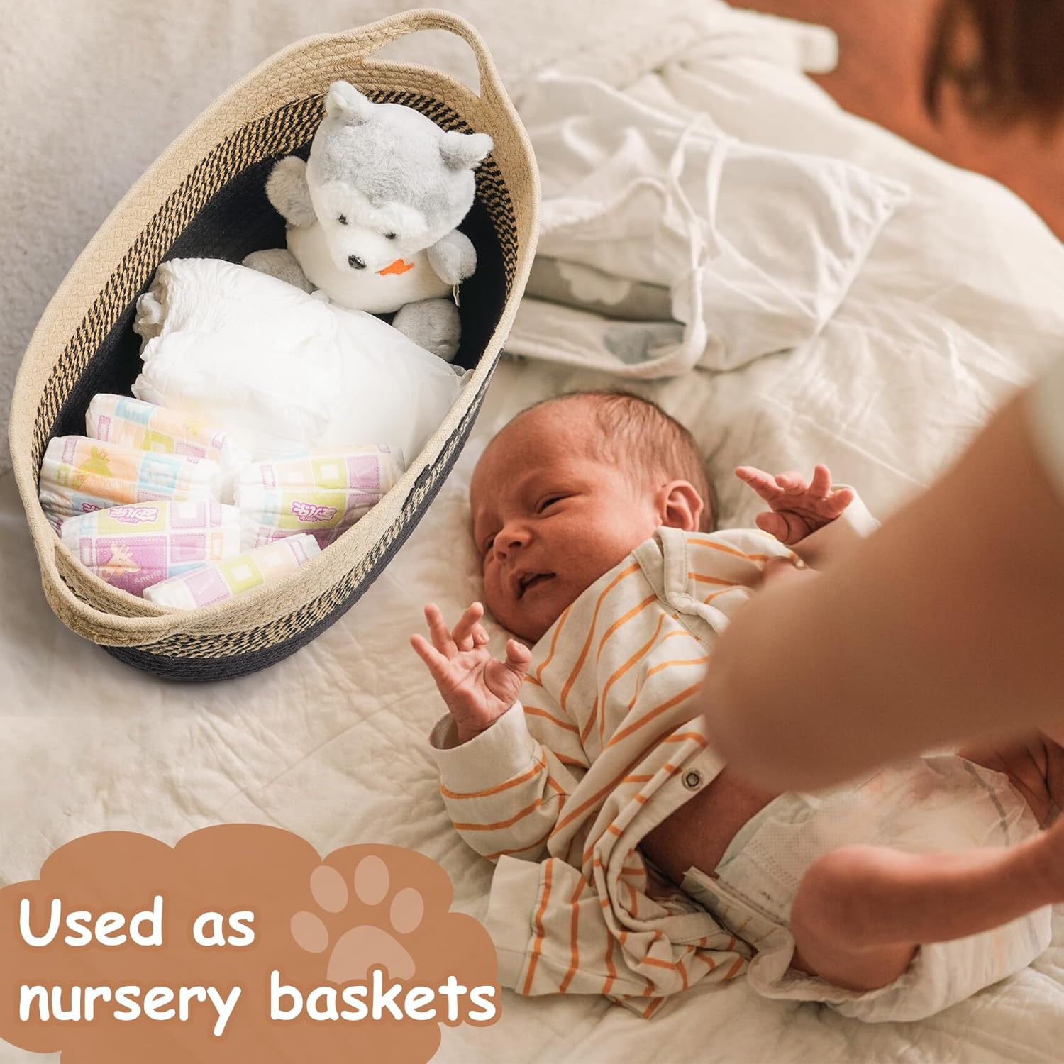 Woven Dog Toy Basket by [Brand Name] - Large 22" x 11" x 7.9" Cotton Organizer with Handle | Light Beige