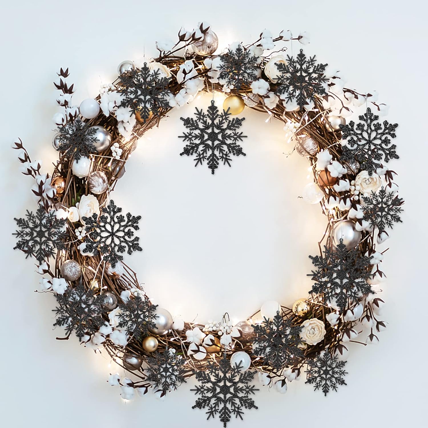 Skiennix 36-Piece Black Christmas Snowflake Ornaments - Glittery Hanging Decor for Winter Wonderland