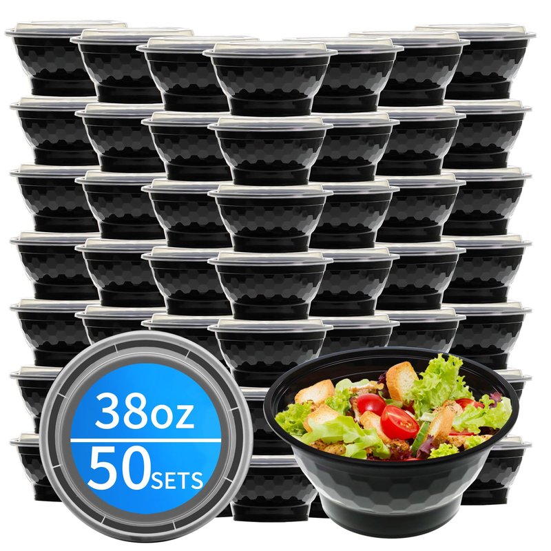 Apsic Meal Prep Bowls Containers, 50 Sets 38oz (100-Piece) Plastic Bowls with Lids for Soup Salad, Disposable To Go Food Storage Container, Round Lunch Box, BPA Free, Microwave/Dishwasher/Freezer Safe