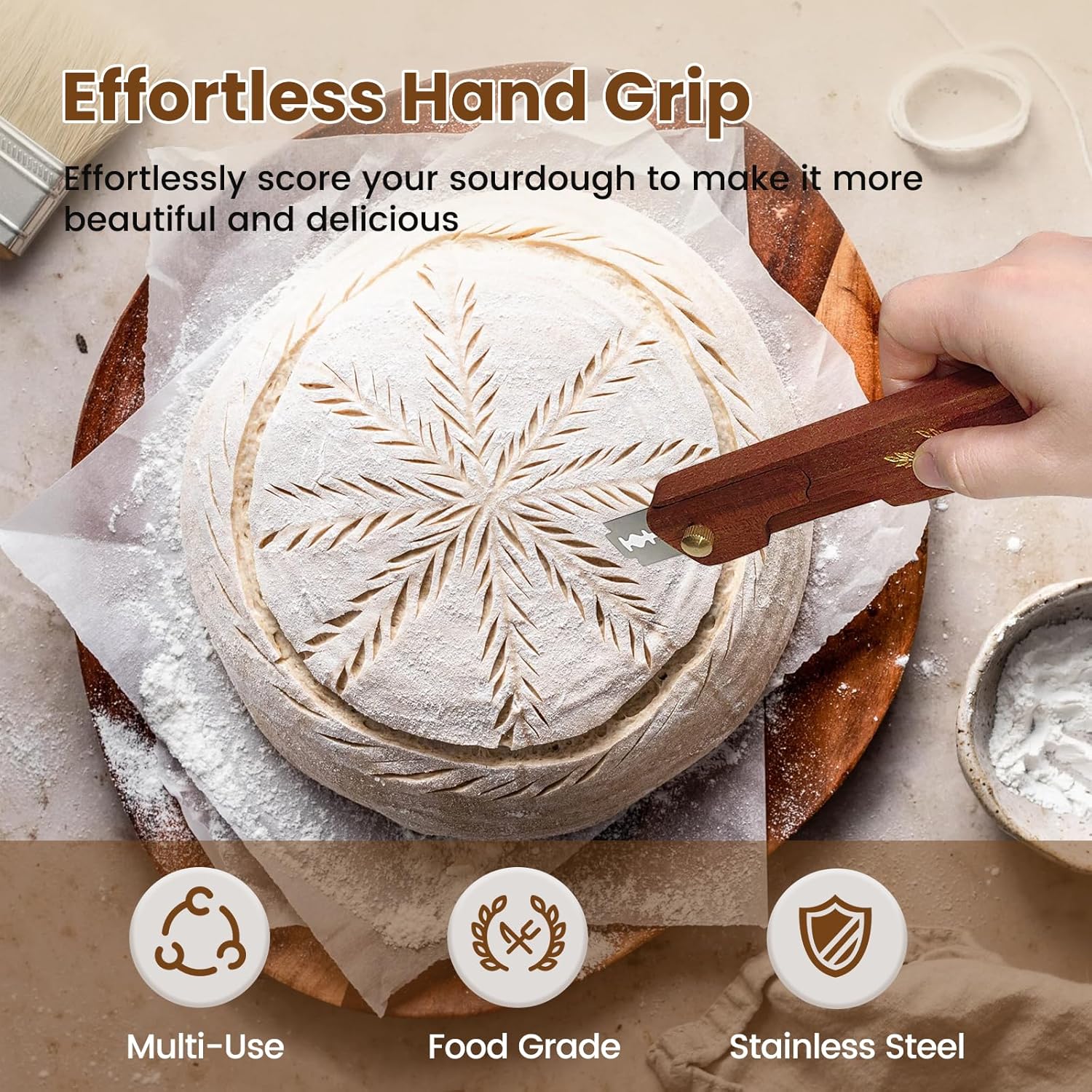 Wooden Bread Lame - Handcrafted Sourdough Scoring Tool with Screw Lock & 10 Razor Blades | Reddish Brown