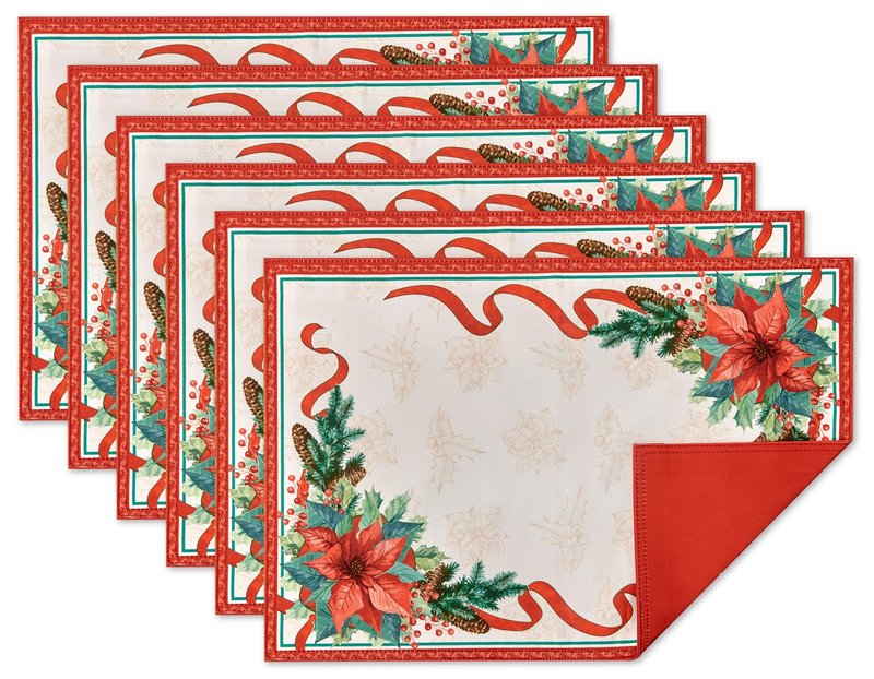 YiHomer Poinsettia Ribbon Engineered Printed Fabric Christmas Tabletop for Xmas Winter Holiday, Christmas Time, Reversible Placemat Set, 13 x 19