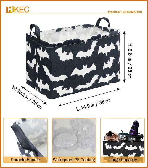 HKEC Rectangle Storage Basket with Handles,Collapsible Kids Toys Bin,Books Box,Gift Basket(Bat)