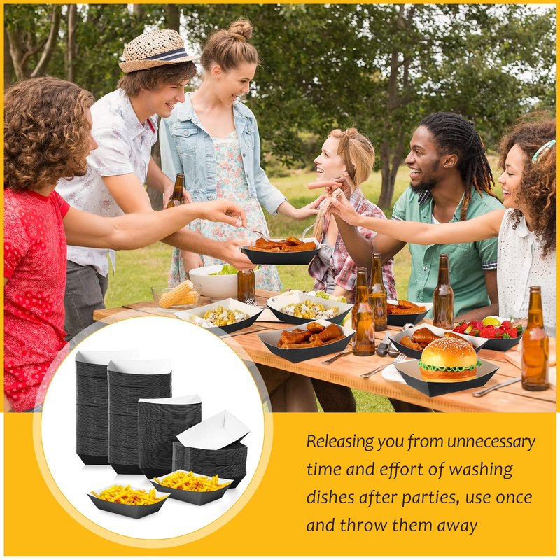 Yinkin 200 Pcs Paper Boat Disposable Graduation Food Trays Nacho Trays Kraft Paper Boats for Tacos Concession Party Supplies(2lb,Black)