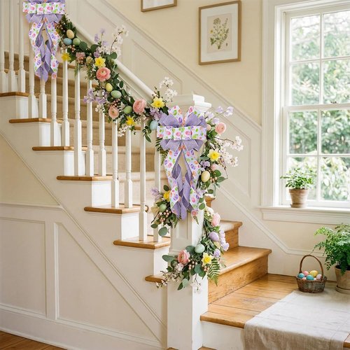 Estivaux Large Easter Wreath Bow - Purple & White Burlap with Floral Eggs | Spring Door Decor