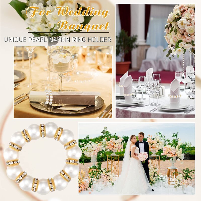 Tanlade 150 Pcs Wedding Pearl Napkin Rings Imitation Pearl Beaded Napkin Rings Holder Silver White and Gold Elastic Dinner Table Decor Rhinestone Serviette Rings for Table Party Decorations