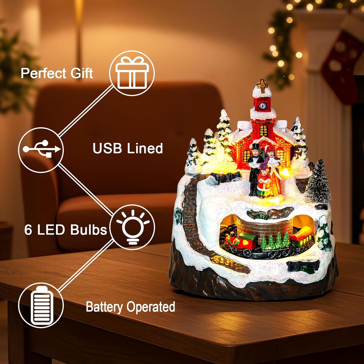 MXwcy Animated Christmas Village Decoration - Lighted Church Choir & Moving Train on Snowy Mountain