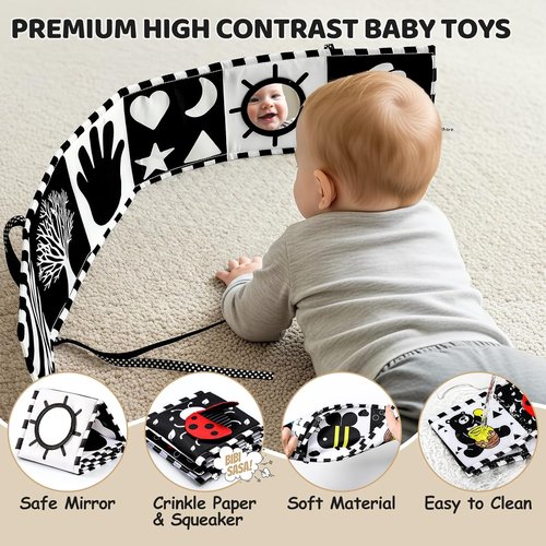 3PCS High Contrast Baby Toys by [Brand Name] - Tummy Time Mirror & Crinkle Cloth for Visual Stimulation | Ideal for Newborns 0-12 Months